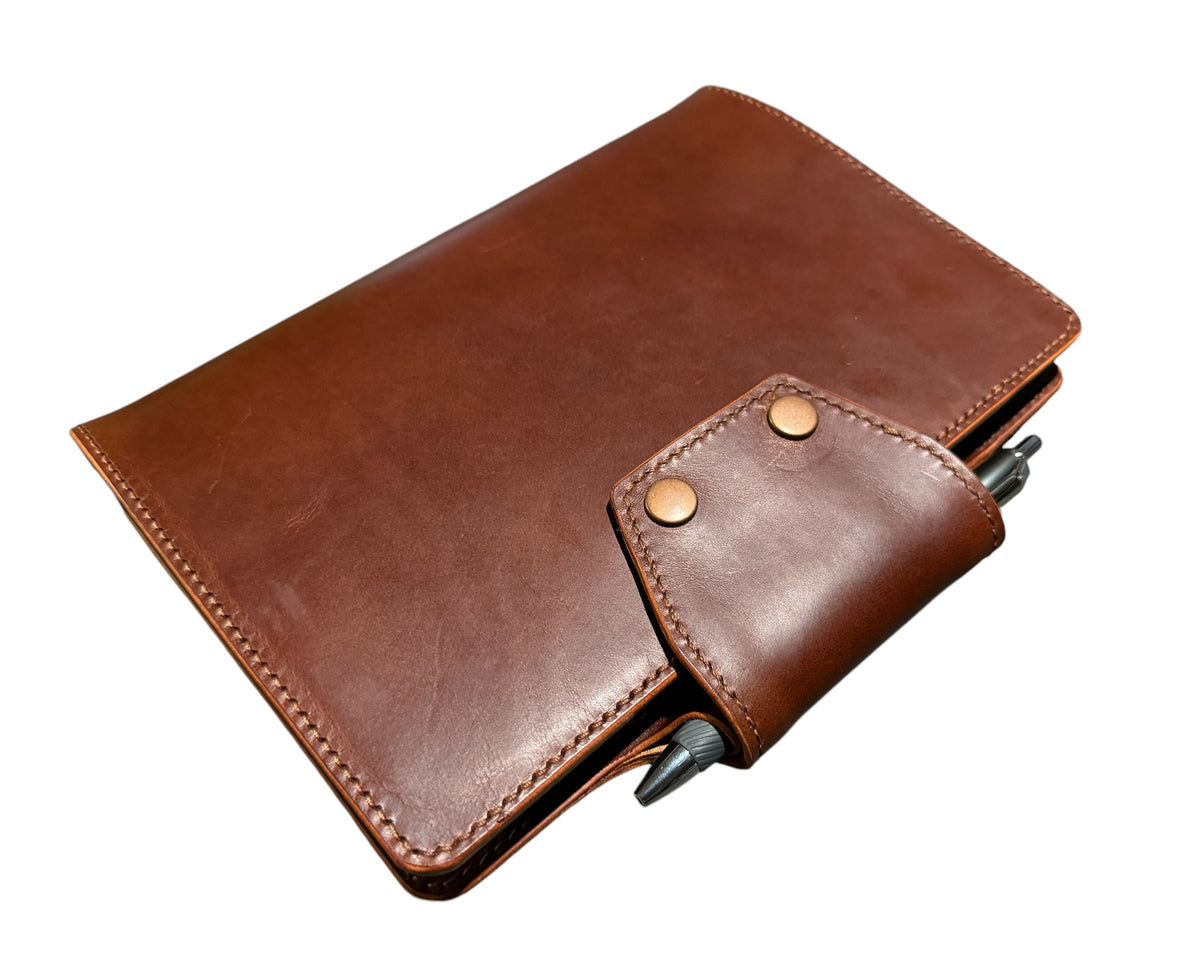 Brown Italian Buttero leather A5 notebook cover with pen loop and snap closures, made by MANEO Leather in Queensland.